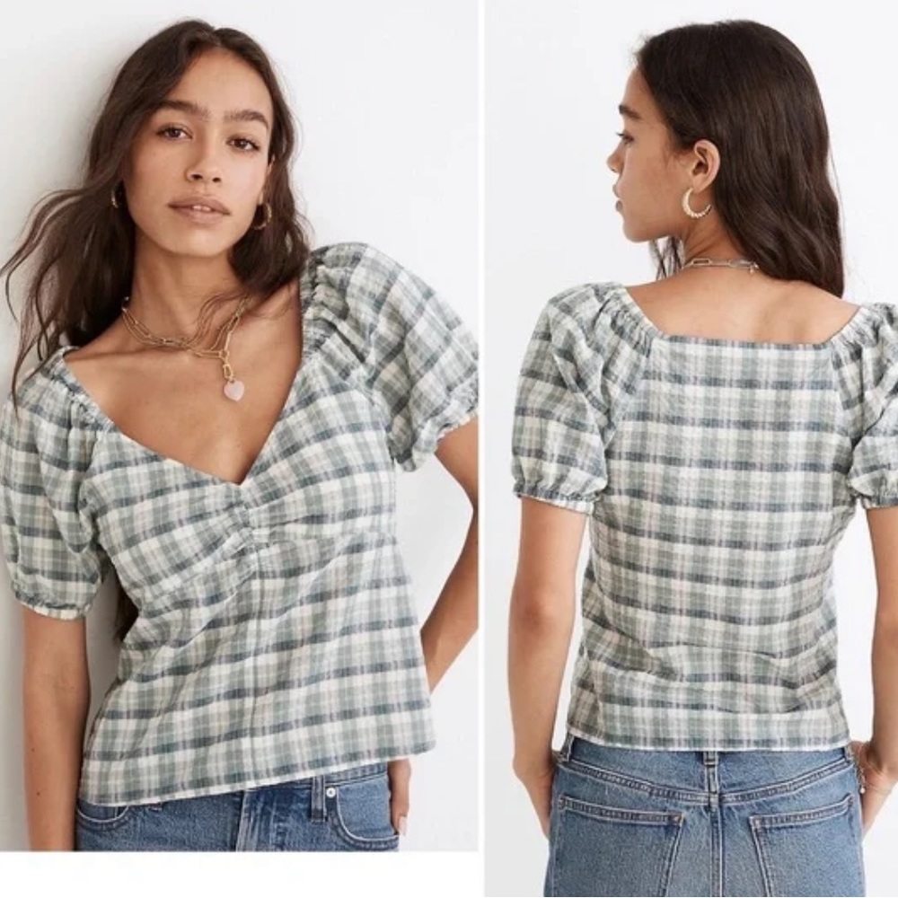 Madewell plaid puff sleeve blouse in blue gingham plaid worn twice